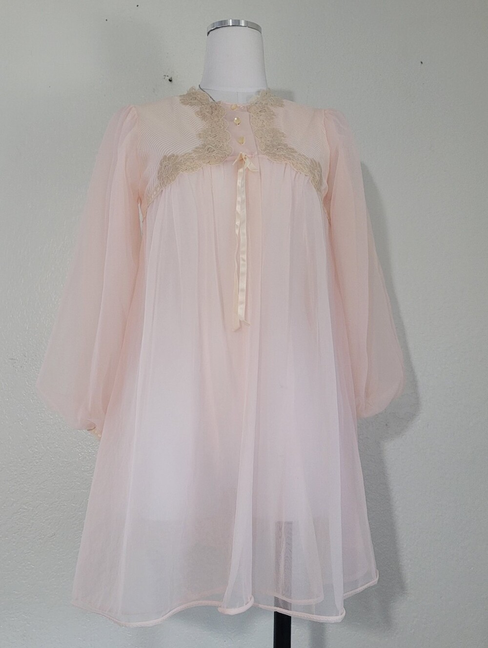 Vintage Gossard Artemis Sheer Pastel Pink Babydoll Nightgown with Lace Yoke Smal